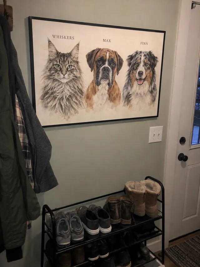 Illustrative Portrait examples featuring Whiskers, Max, Finn; not a customer photograph
