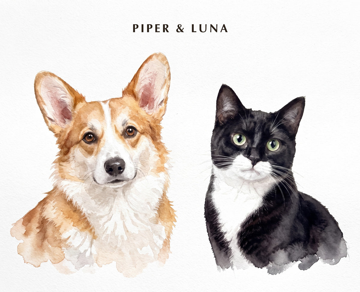 Watercolour pet portrait, two pets — PIPER & LUNA