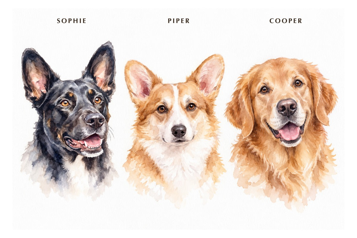 Sophie, Piper and Cooper together in a black-framed watercolour portrait
