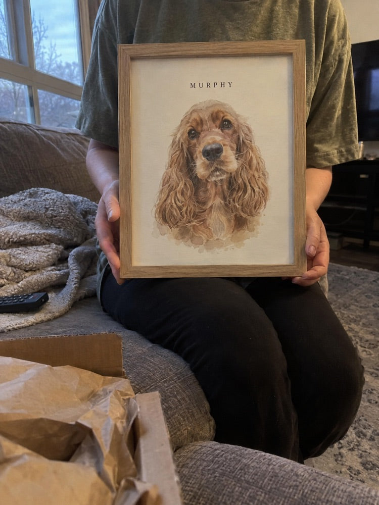 Illustrative casual home photo of Murphy watercolour artwork