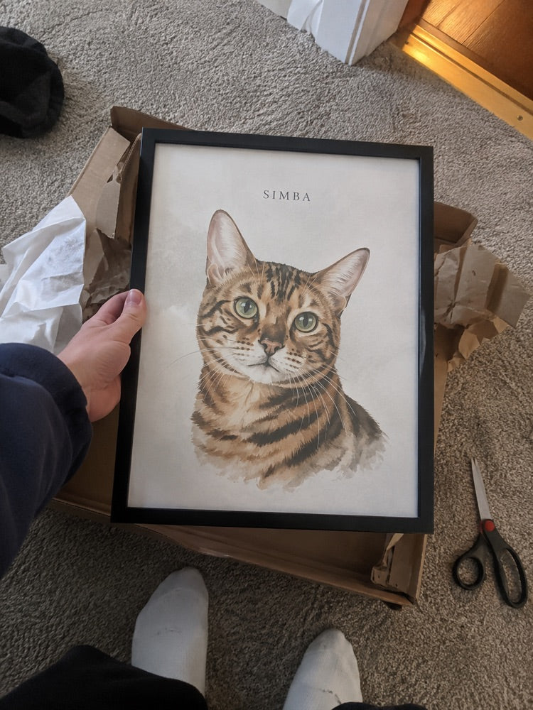 Illustrative casual home photo of Simba watercolour artwork