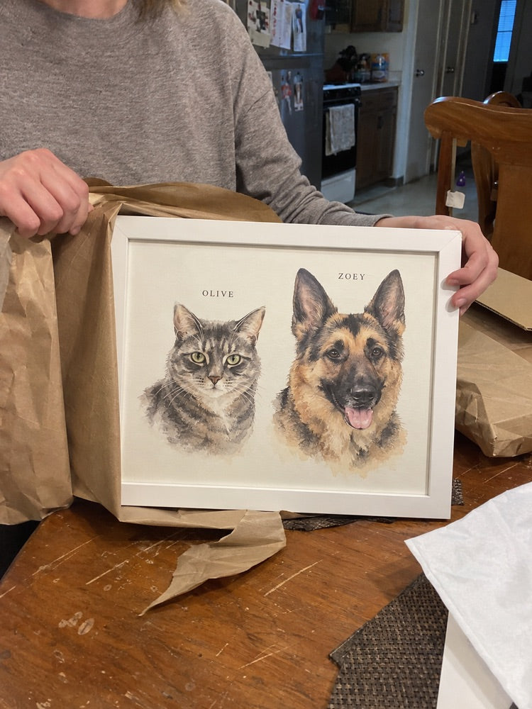 Illustrative casual home photo of Olive, Zoey watercolour artwork