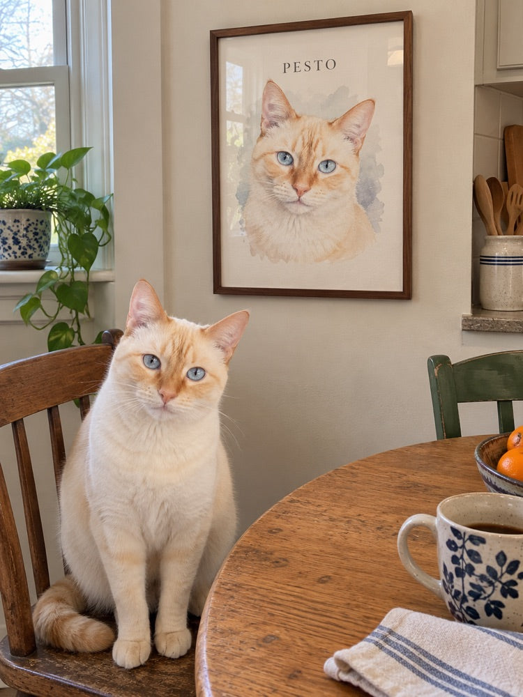 Illustrative home scene of Pesto beside their watercolour portrait