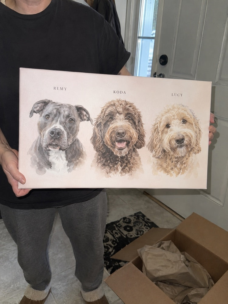 Illustrative casual home photo of Remy, Koda, Lucy watercolour artwork