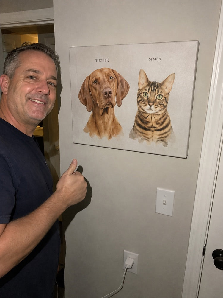 Illustrative casual home photo of Tucker, Simba watercolour artwork
