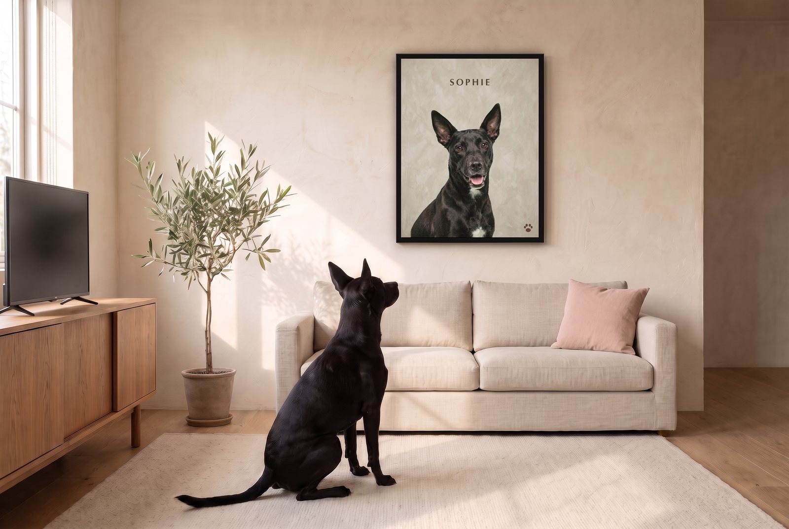 A framed pet portrait hanging above a sofa