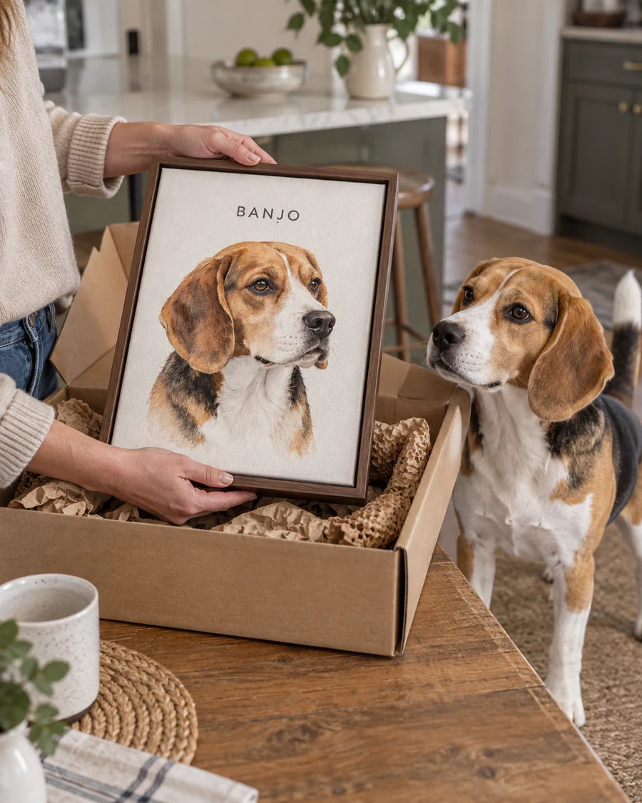 Illustrative scene of Banjo, a beagle, beside his framed watercolor portrait during unpacking.
