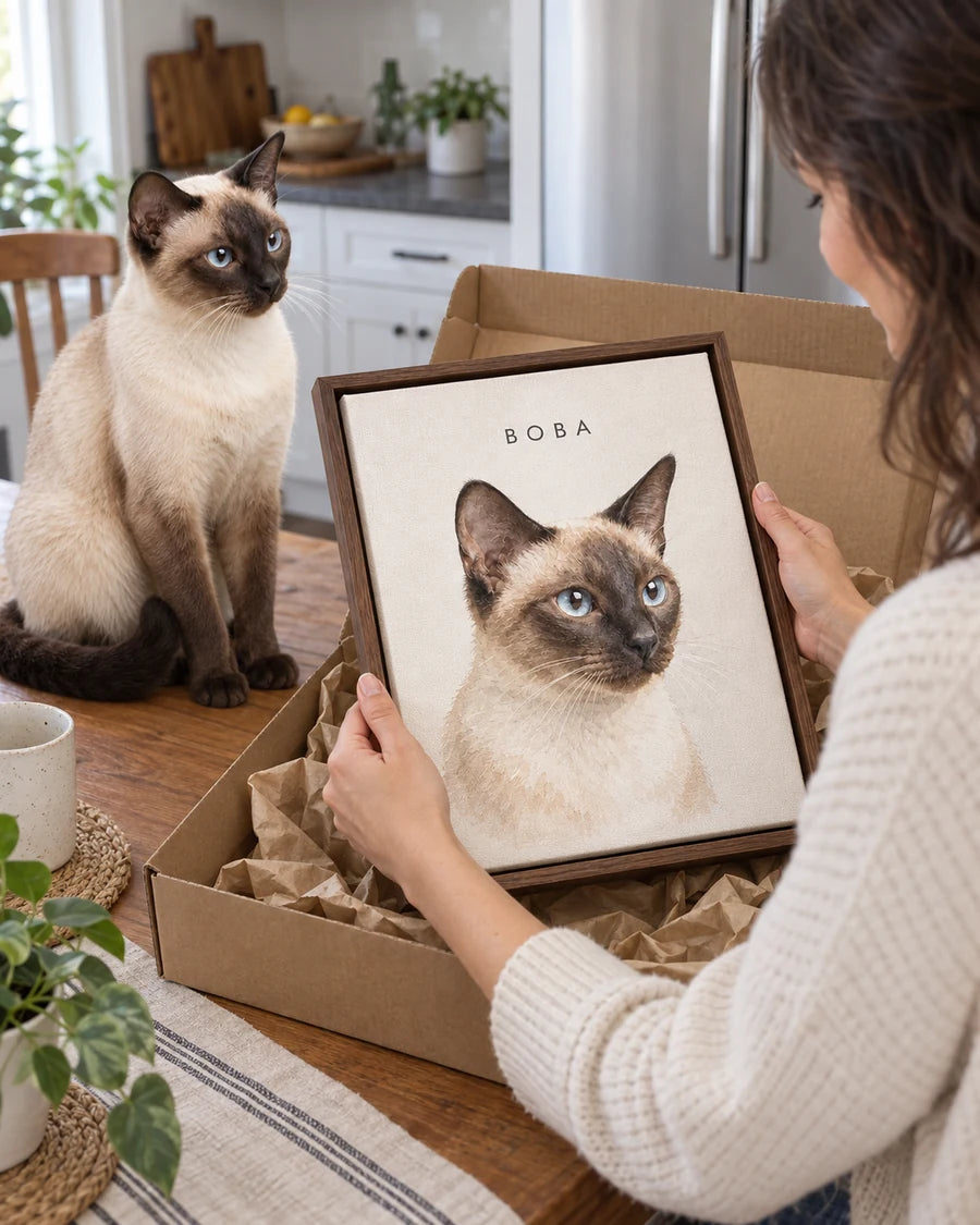 Illustrative scene of Boba, a Siamese cat, watching a person unpack a framed watercolor portrait.