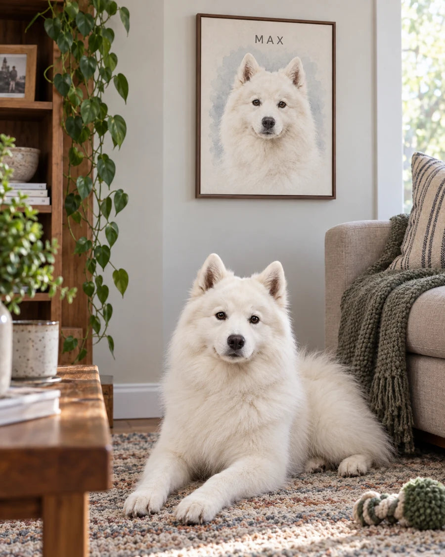 Illustrative scene of Max, a white spitz dog, beneath his framed watercolor portrait.