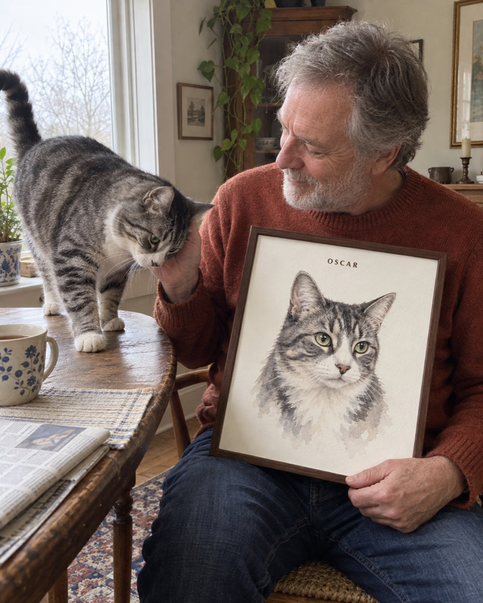 Illustrative candid scene of Oscar with their person and matching framed watercolour portrait