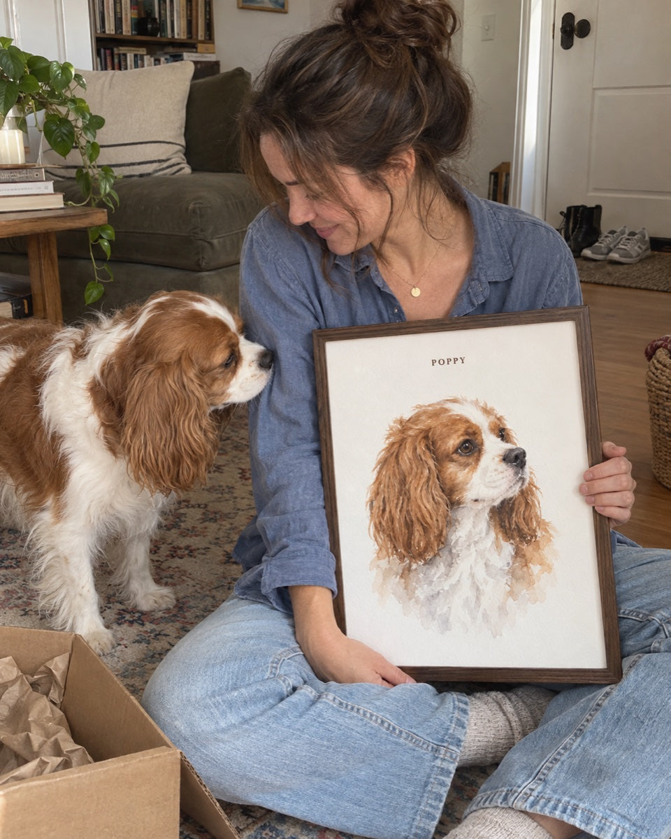 Illustrative candid scene of Poppy with their person and matching framed watercolour portrait