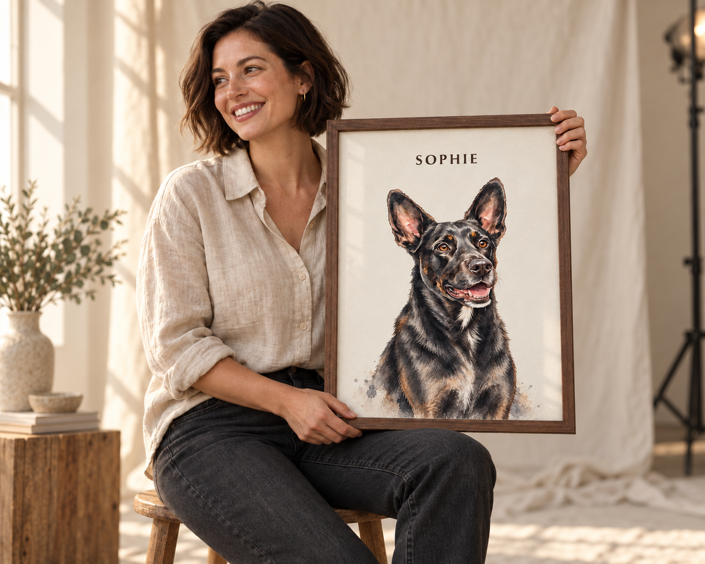 Illustrative studio scene of a woman holding Sophie's framed watercolour portrait
