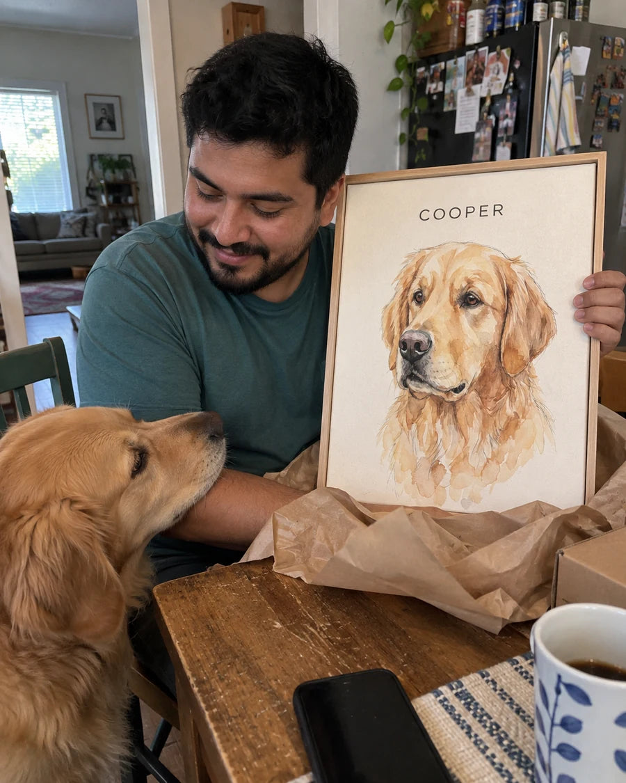 Illustrative home scene: Cooper beside his watercolour portrait