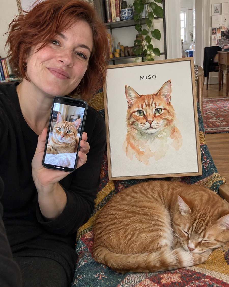 Illustrative home scene: Miso with a photo and his personalised portrait