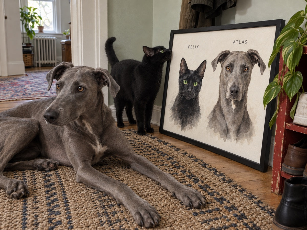 Illustrative scene: Felix sniffing the frame while Atlas looks away beside their shared portrait