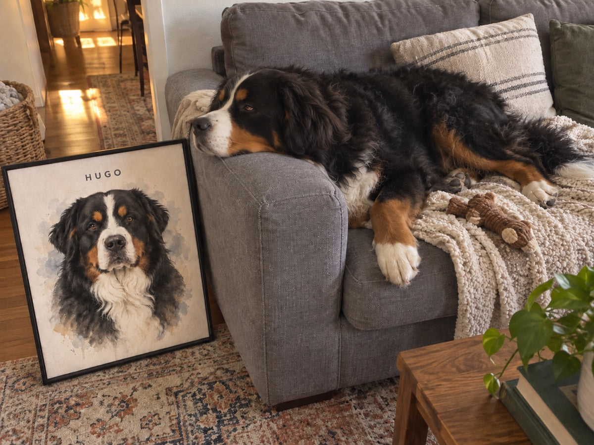 Illustrative scene: Hugo resting on the sofa looking toward the hallway beside his portrait