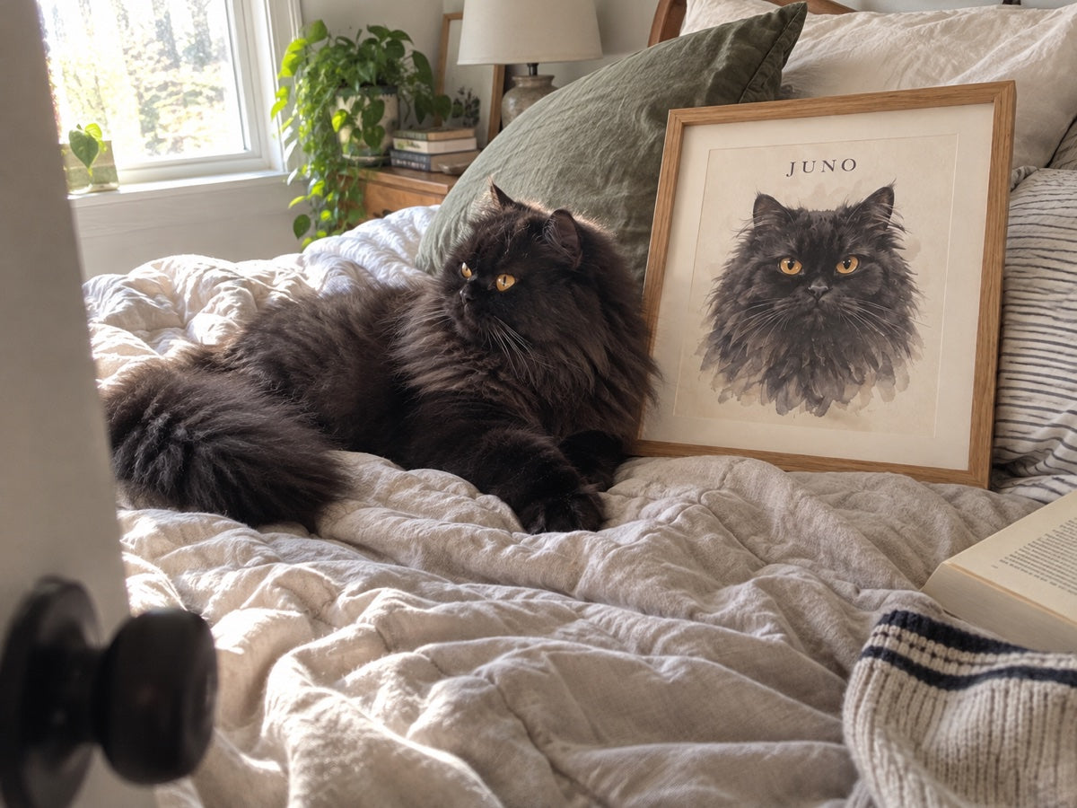 Illustrative scene: Juno relaxing on an unmade bed looking toward the window beside her portrait
