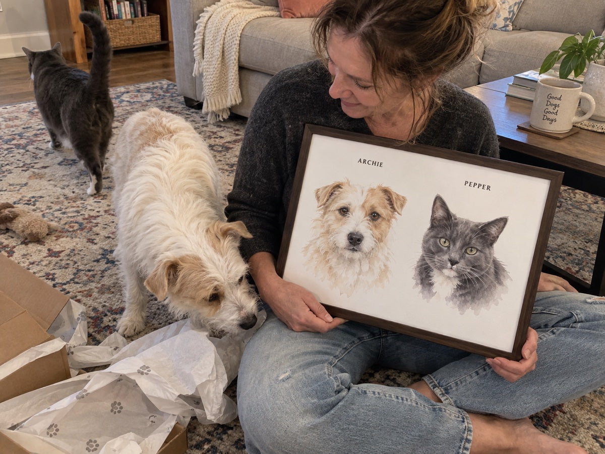 Illustrative home scene: ARCHIE and PEPPER with their people and shared watercolour portrait