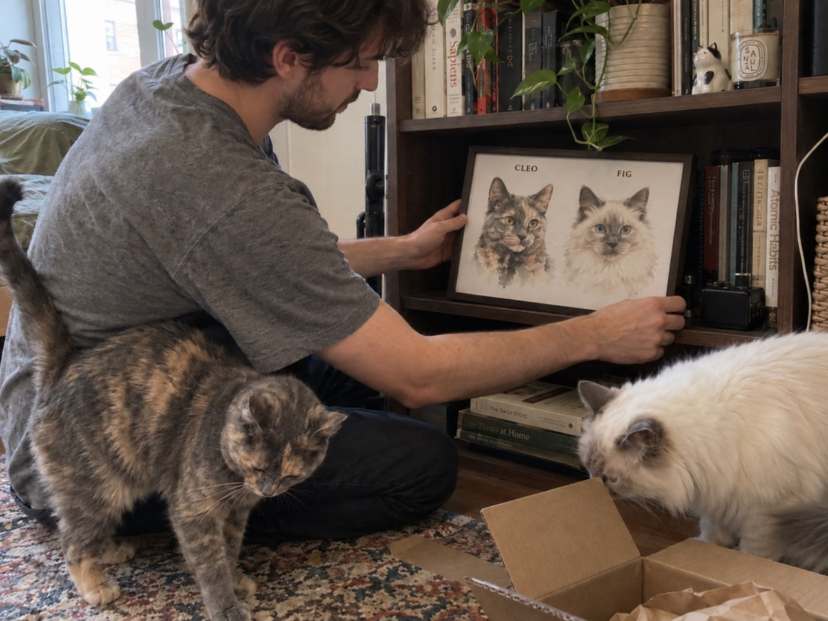 Illustrative home scene: Cleo and Fig exploring beside their owner and shared watercolour portrait