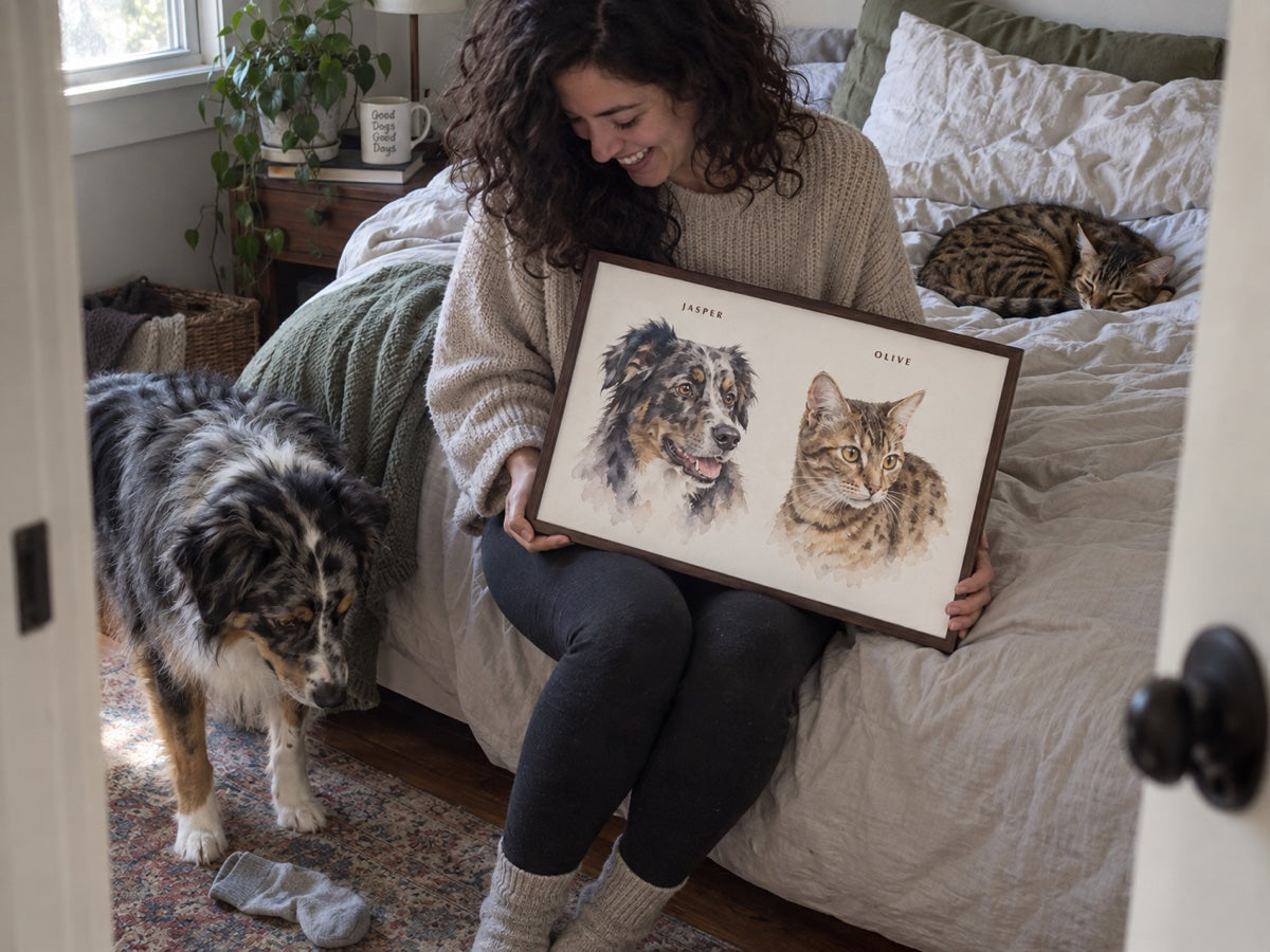 Illustrative home scene: JASPER and OLIVE with their people and shared watercolour portrait