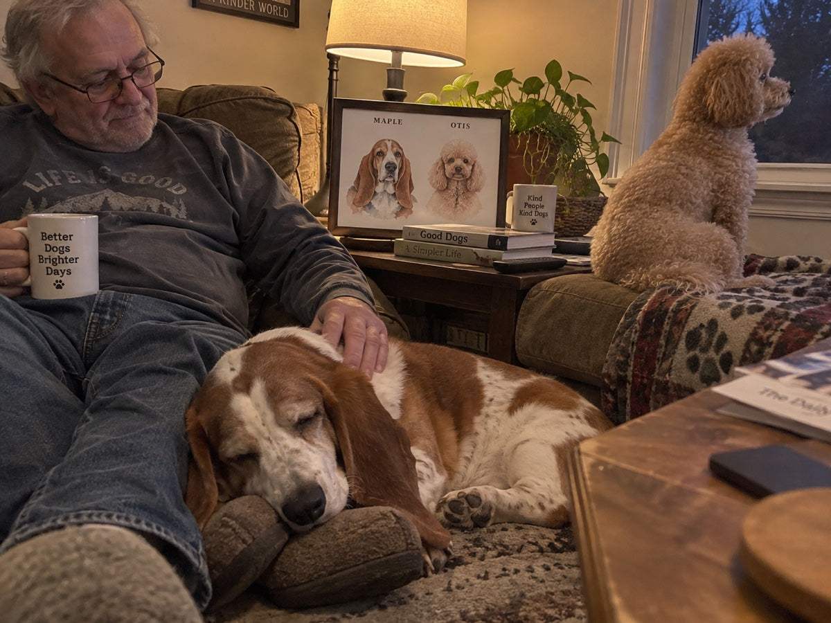Illustrative home scene: MAPLE and OTIS with their people and shared watercolour portrait