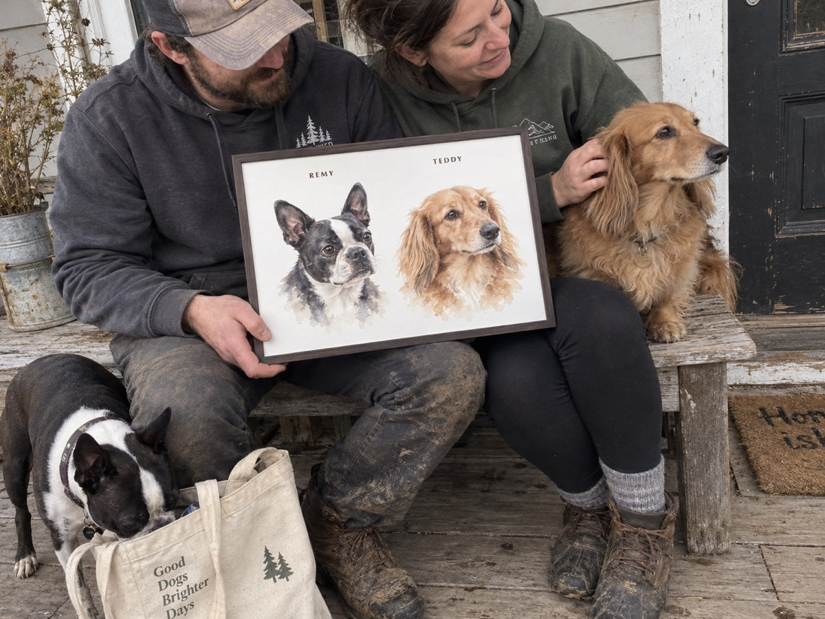 Illustrative home scene: REMY and TEDDY with their people and shared watercolour portrait