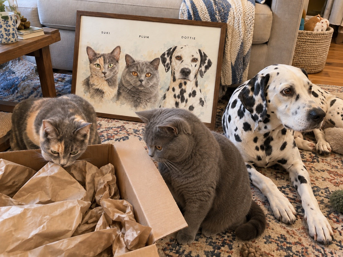 Illustrative scene: Suki and Plum inspecting packing paper with Dottie looking away beside their shared portrait
