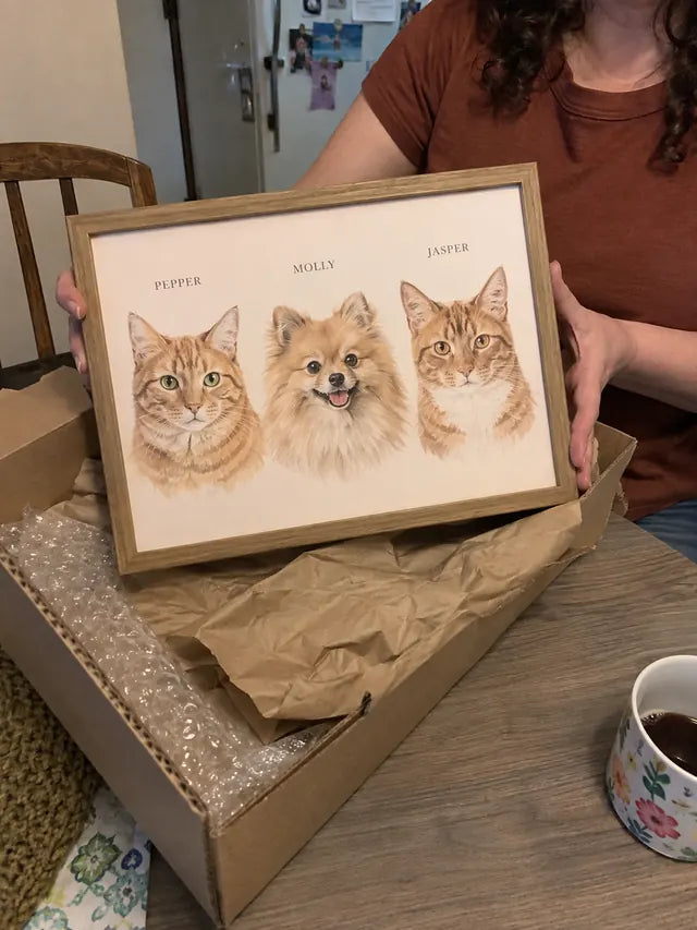 Illustrative Portrait examples featuring Pepper, Molly, Jasper; not a customer photograph