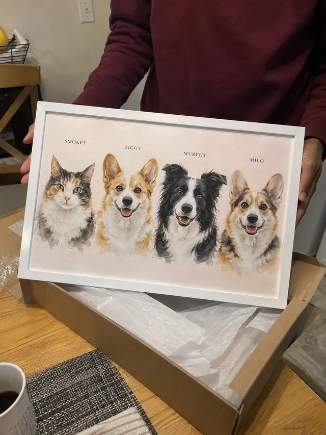 Illustrative Portrait examples featuring Smokey, Ziggy, Murphy, Milo; not a customer photograph