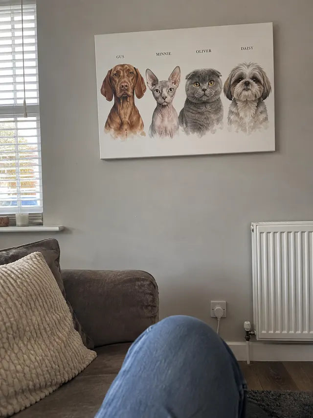 Illustrative Portrait examples featuring Gus, Minnie, Oliver, Daisy; not a customer photograph