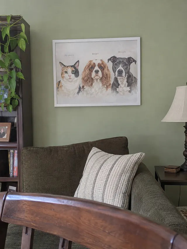 Illustrative Portrait examples featuring Peanut, Remy, Bella; not a customer photograph