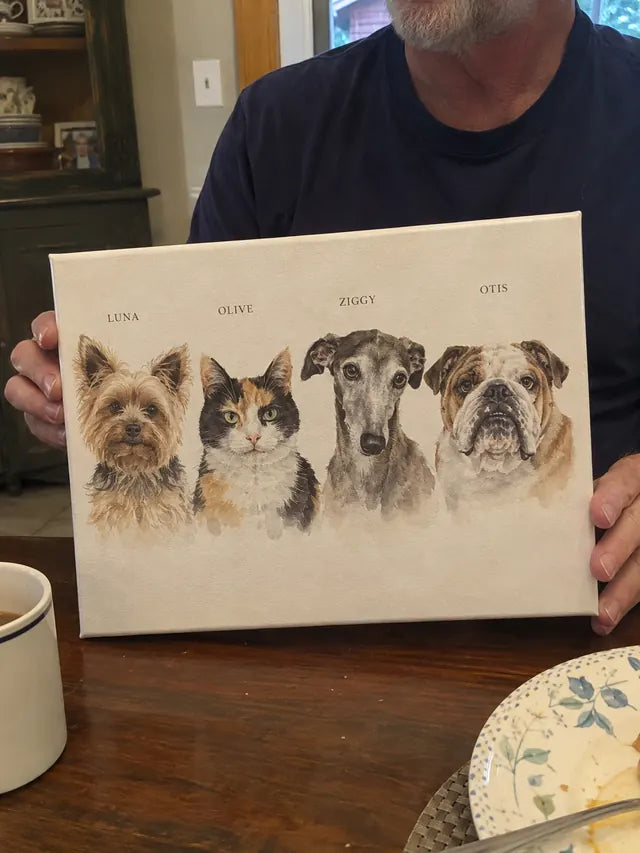 Illustrative Portrait examples featuring Luna, Olive, Ziggy, Otis; not a customer photograph