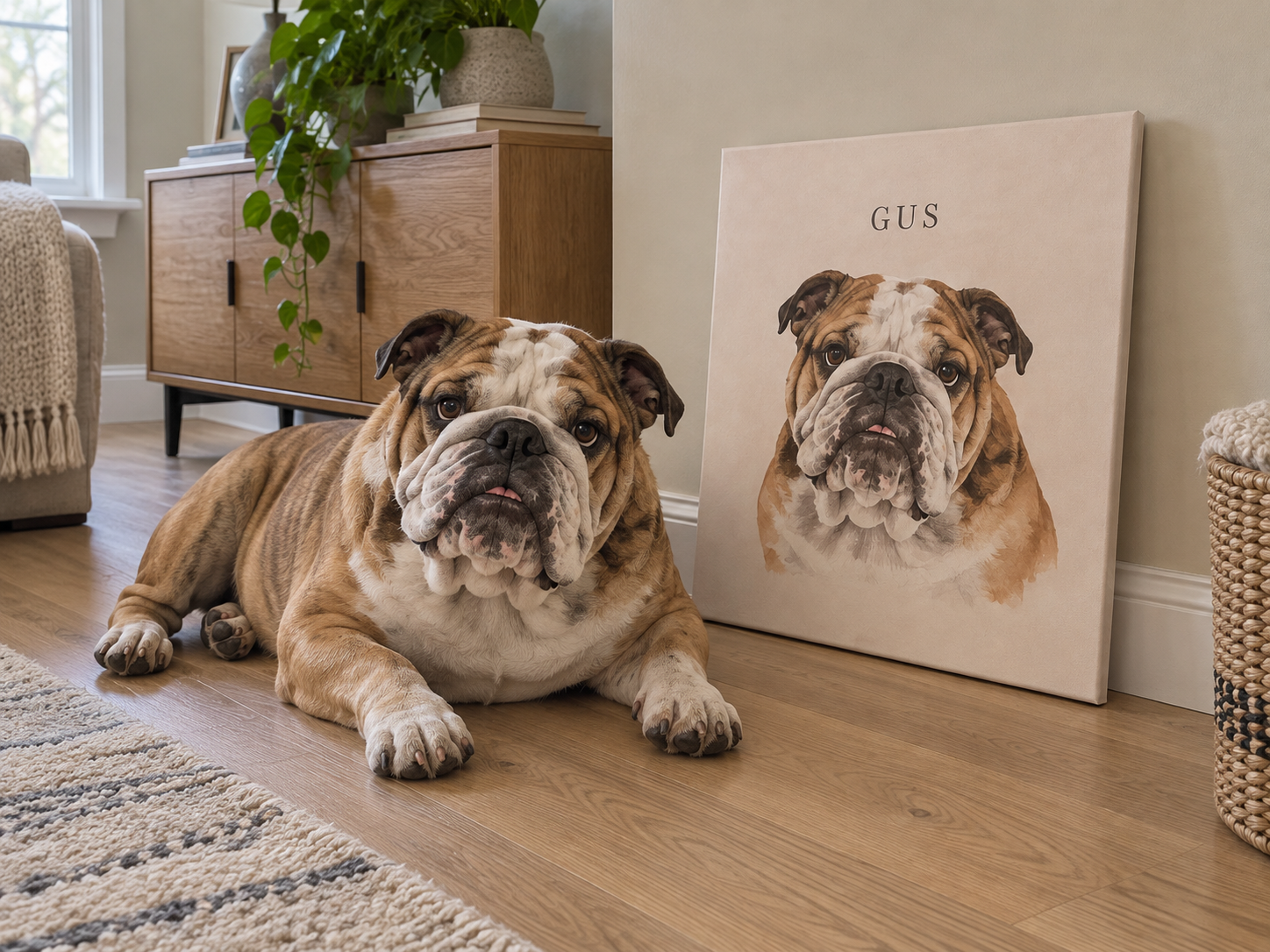 Illustrative home scene of Gus beside their watercolour portrait