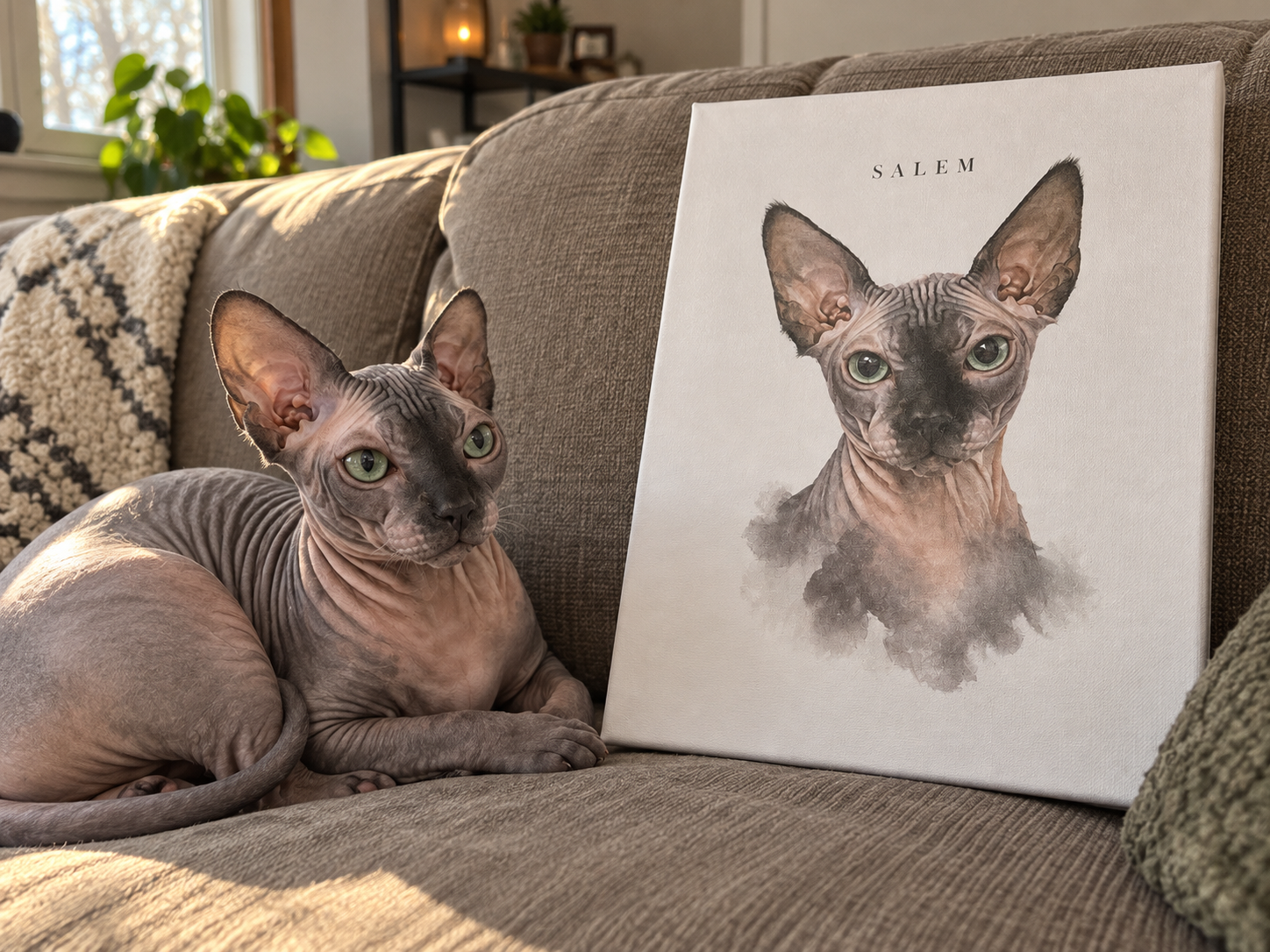 Illustrative home scene of Salem beside their watercolour portrait